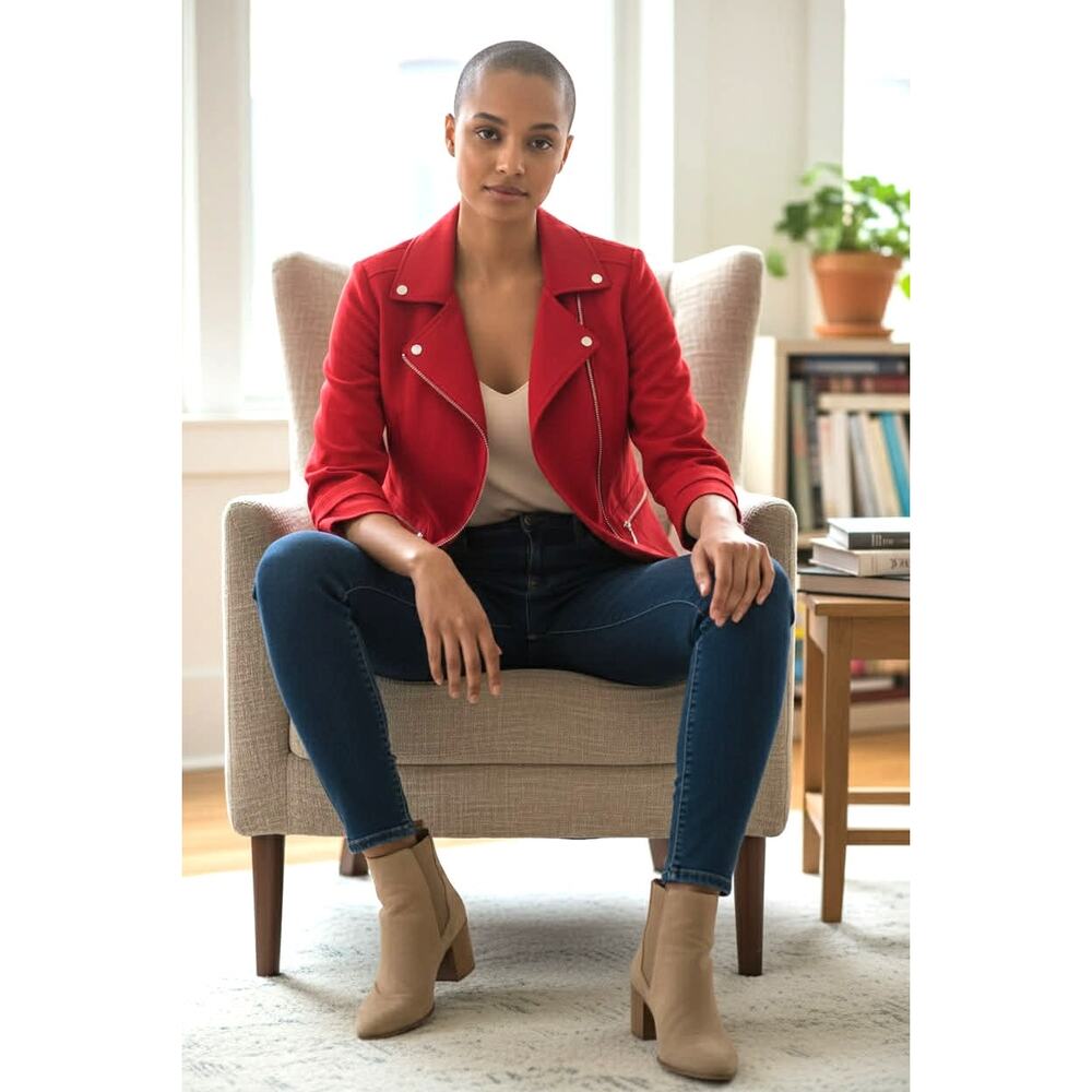White House Black Market Red Zip Cropped Jacket Size 6 3/4 Sleeve Lined ~ MINT